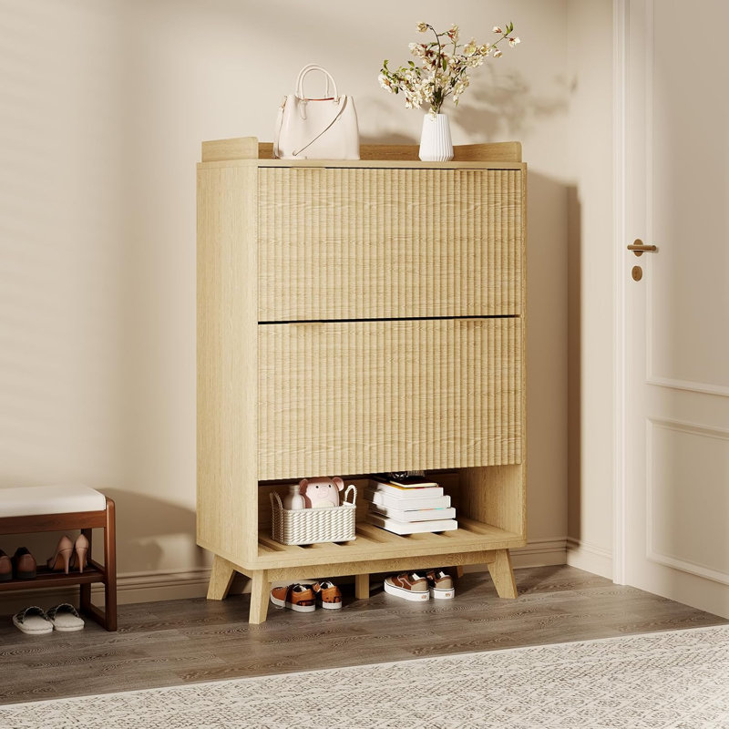 Fluted Shoe Cabinet, 48" Tall Modern Narrow Entryway Shoe Organizer with 2 Flip Drawers, Adjustable Shelves and Bottom Open Shelf