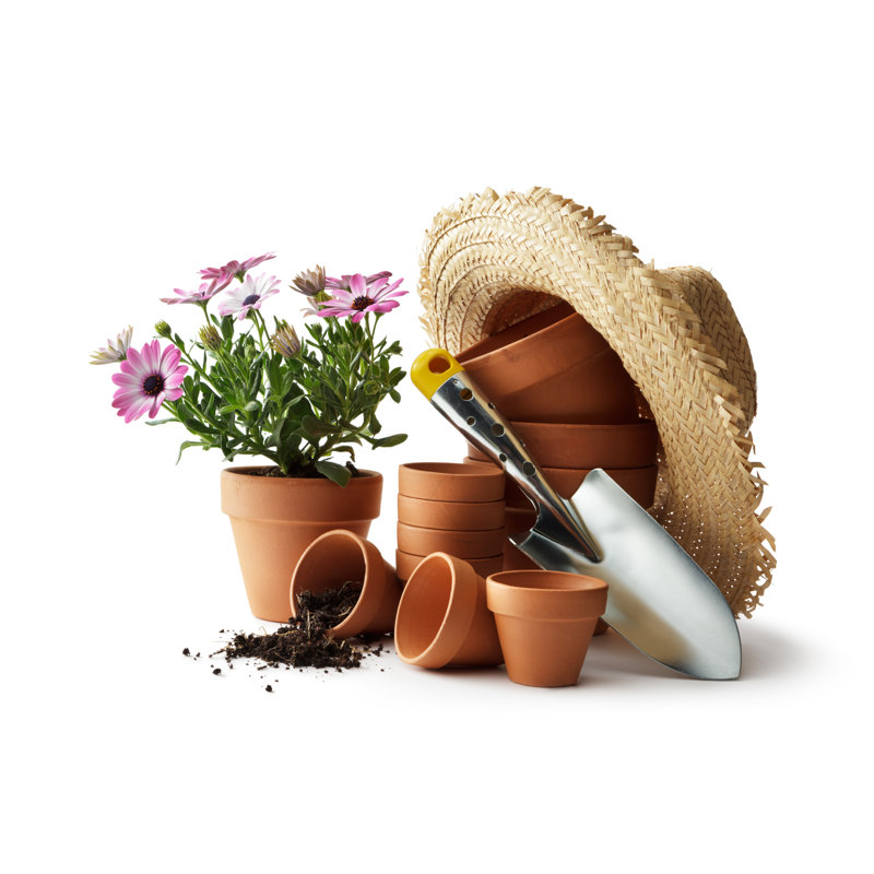 Jardinage: pots à plantes, chapeau de paille et pelle par Floortje, H 12 po x l 18 po