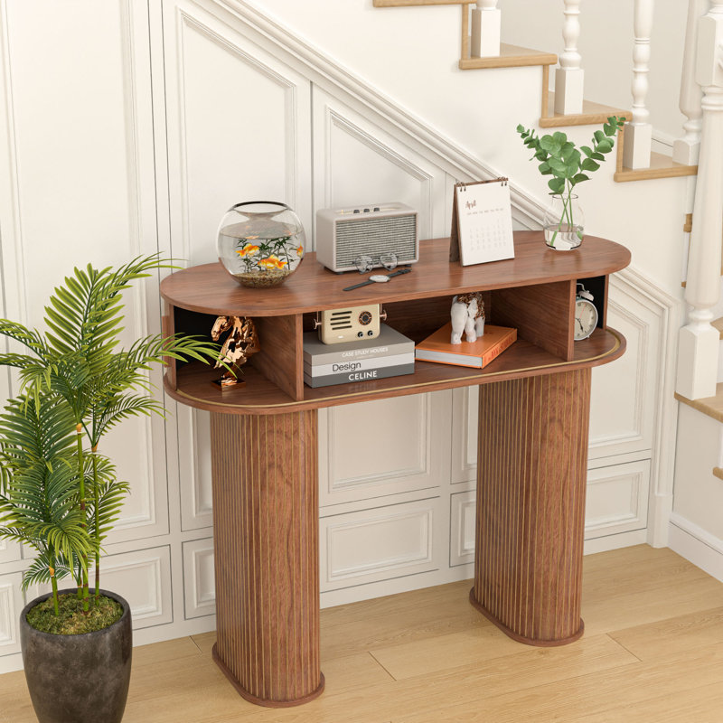 39.37'' Console Table, with 3 Storage and Sliding Doors Accent Tables for Entryway, Walnut