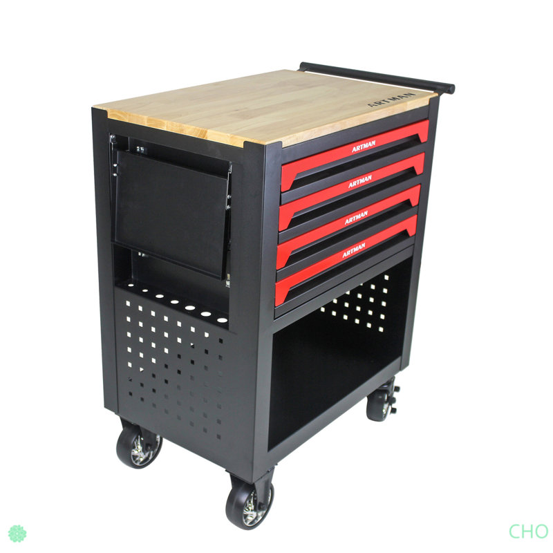 Chariot à outils multifonctionnel 4 tiroirs avec plateau en bois