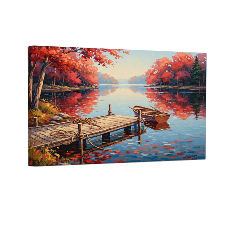 Paysage, nature, automne, lac, quai, bateau, reflet, arbres, ciel, eau, H 12 po x l 18 po