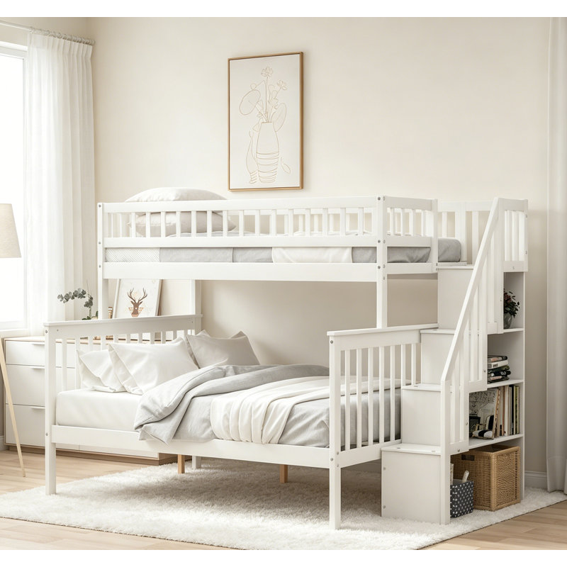 Lit superposé simple au-dessus de l'escalier double avec rangement, conception durable et peu encombrante pour les chambres d'enfants