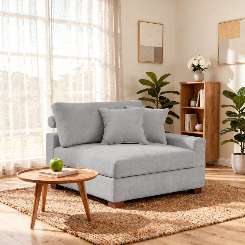 Upholstered Gray Chenille Armchair with Pillow Back, One Arm Single Chair Module Part For Sectional Sofa, Gray, Chenille
