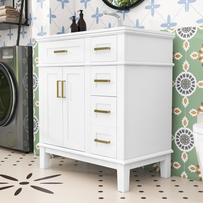 Contemporary Single Bathroom Vanity Cabinet with Ceramic Sink, Compact Design and Soft-Close Doors