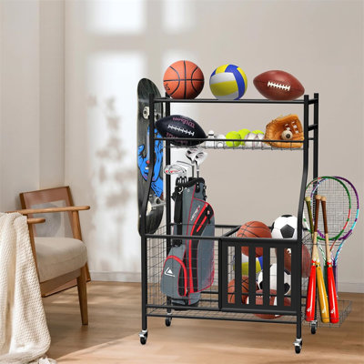 Garage Sports Equipment Organizer - Ball Storage Rack 2025 Large Capacity Sports Organizer For Garage With Hooks And Baskets, Steel Ball Organizer For Football, Soccer Ball, Bat, Toys