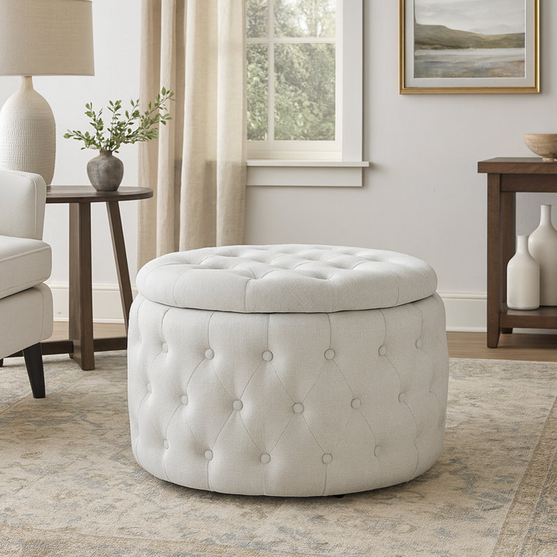 Fully Assembled Round Storage Ottoman with Deep Diamond Tufting and Hidden Storage, White Linen
