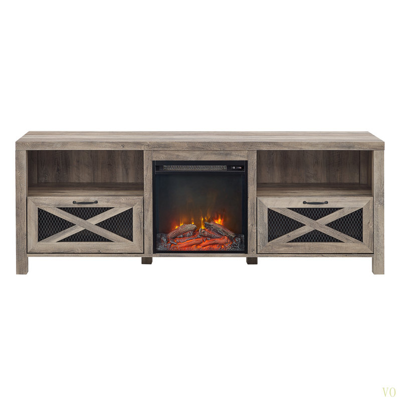 Industrial Farmhouse Metal Mesh Drop-Down X-Door 70" Fireplace TV Stand For 80" Tvs, Gray