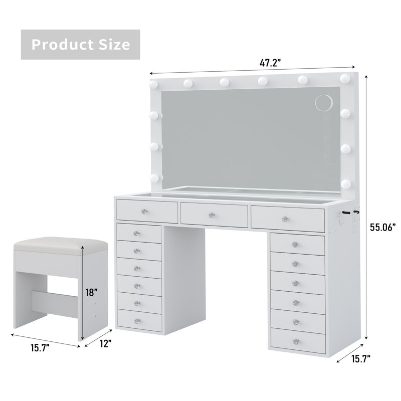 Vanity Desk with Power Outlet, Makeup Vanity with Mirror and 12 LED Lights, 3 Lighting Modes,15 Drawers Vanity Table with Chair, Dressing Table with Glass Top