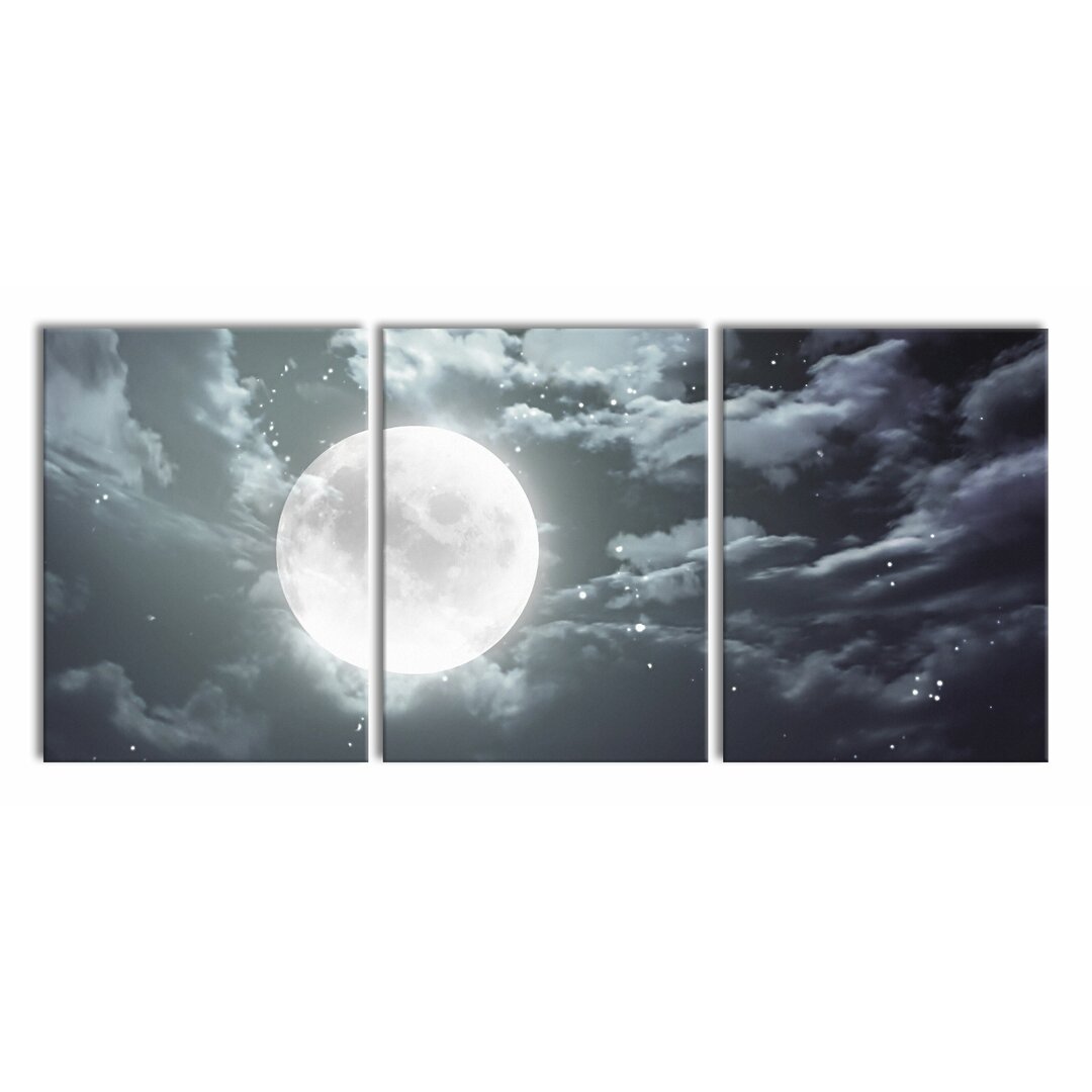 3-tlg. Leinwandbilder-Set Vollmond mit Sternen und Wolken