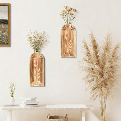 Ensemble de 2 vases muraux en bois de style campagnard moderne et bohème décoratifs pour hall d'entrée, couloir, salon, salle de bain et espaces étroits