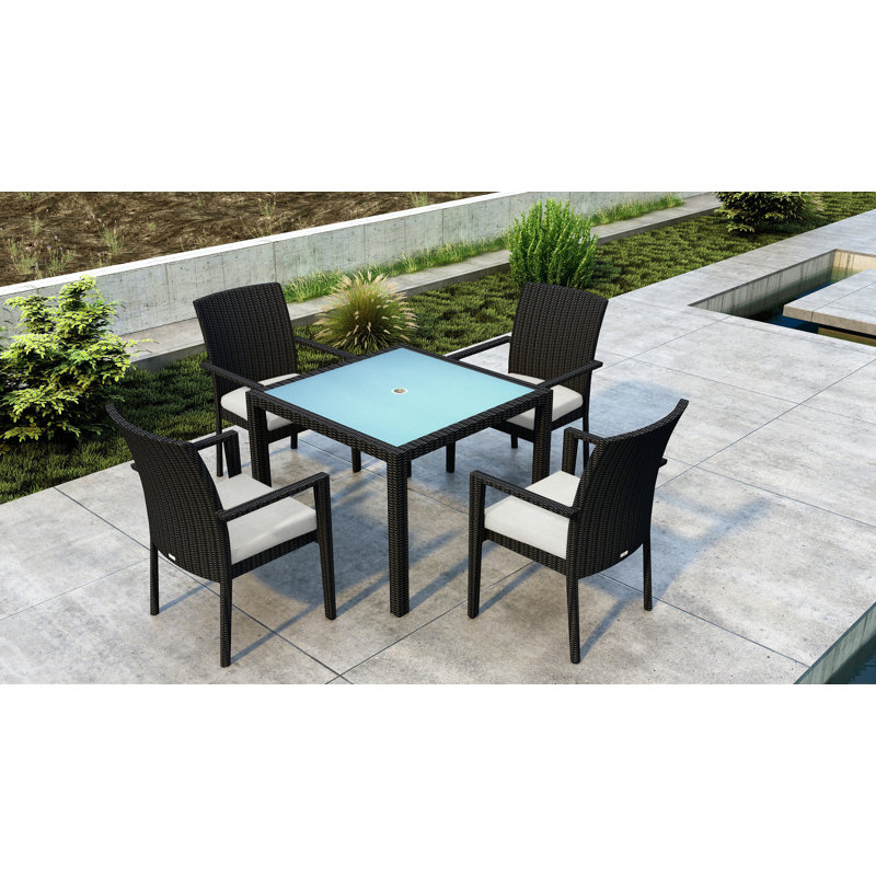 Thornaby 4 - Person Wicker Patio Dining Set with Square Table, Canvas Natural Sunbrella® Canvas