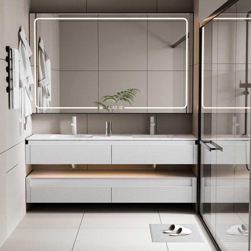 Meuble-lavabo flottant 60 po avec lavabo double, lumière DEL, armoire en chêne massif et plateau en faux marbre 60 po - vert ou blanc brillant