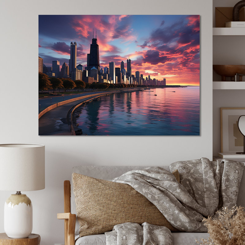 Paysage urbain de Chicago par nuit III - art mural Chicago, H 34 po x l 44 po, Toile tendue