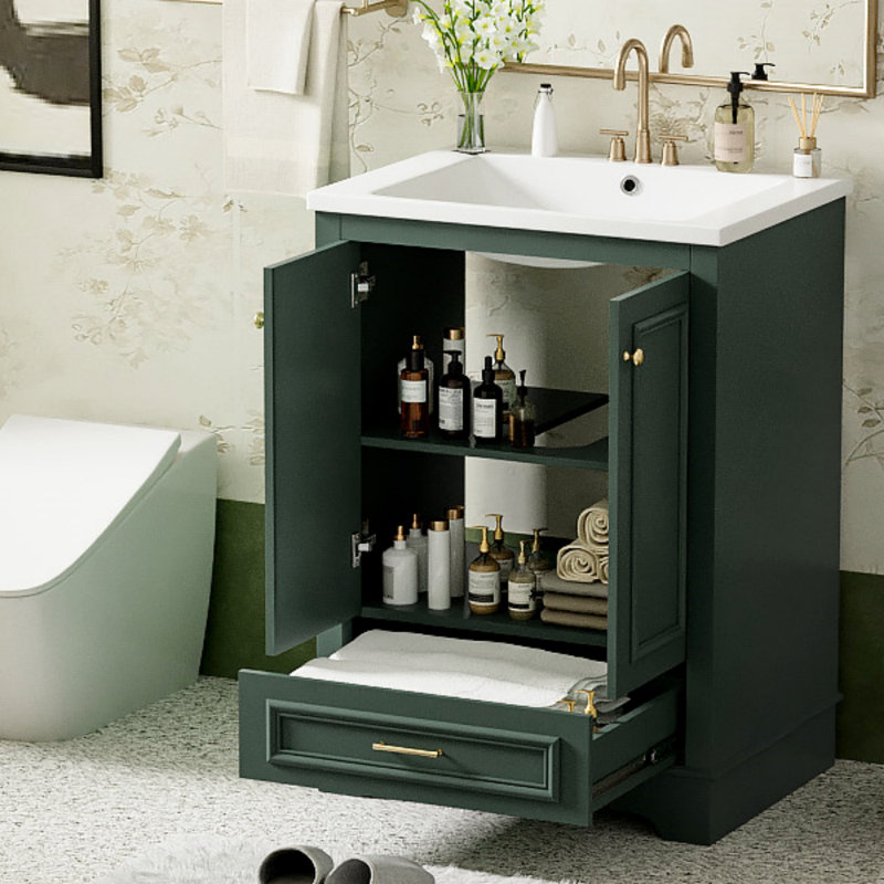 24'' Bathroom Vanity With Ceramic Sink Combo, Modern Freestanding Storage Cabinet  With Silver Handles,  Soft Closing Doors