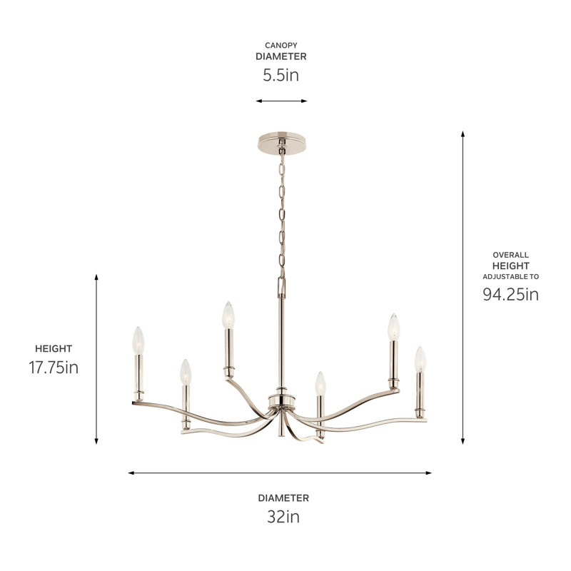 Lustre classique / traditionnel en acier à intensité variable , H 17,75 po x l 32 po x P 32 po, 6, Nickel poli