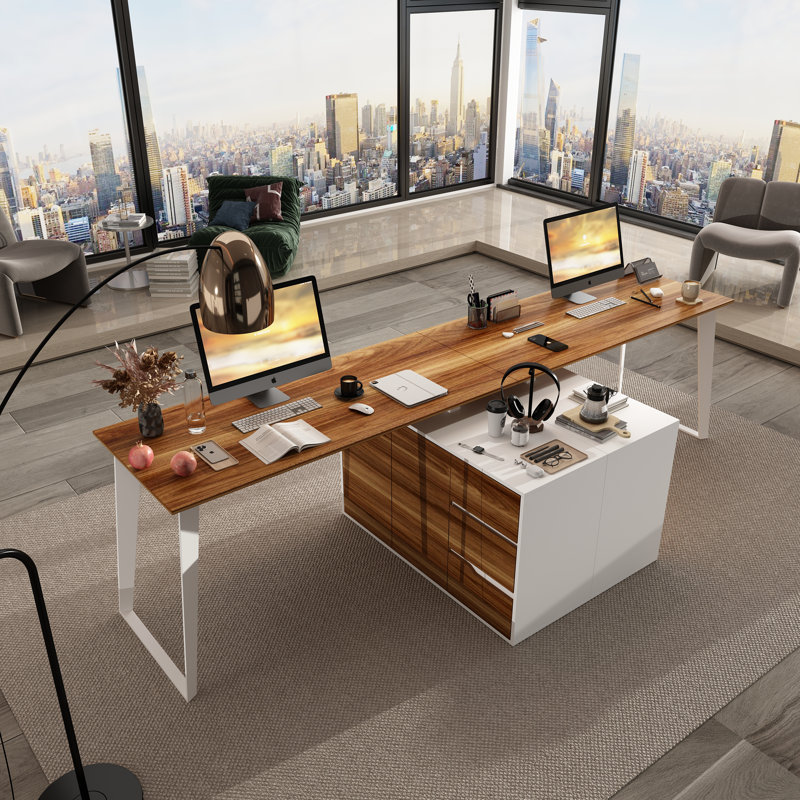 Lige 108"W 2 Person Computer Desk, White/Brown