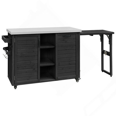 Îlot de cuisine 78,3 po avec table de barbecue pliable, chariot de barbecue en bois avec rangement pour poubelle et plateau en acier inoxydable, chariot de bar extérieur, four à pizza pour la pelouse et le jardin, noir