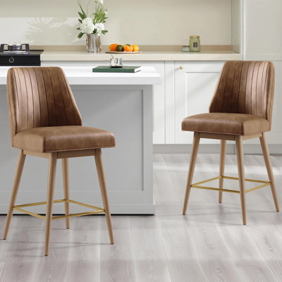 Modern Swivel Bar Stools Set of 2, Counter Height Faux Leather Upholstered Counter Stools with Back, Mid Century Modern Wood Frame Bar Chairs for Kit by chers