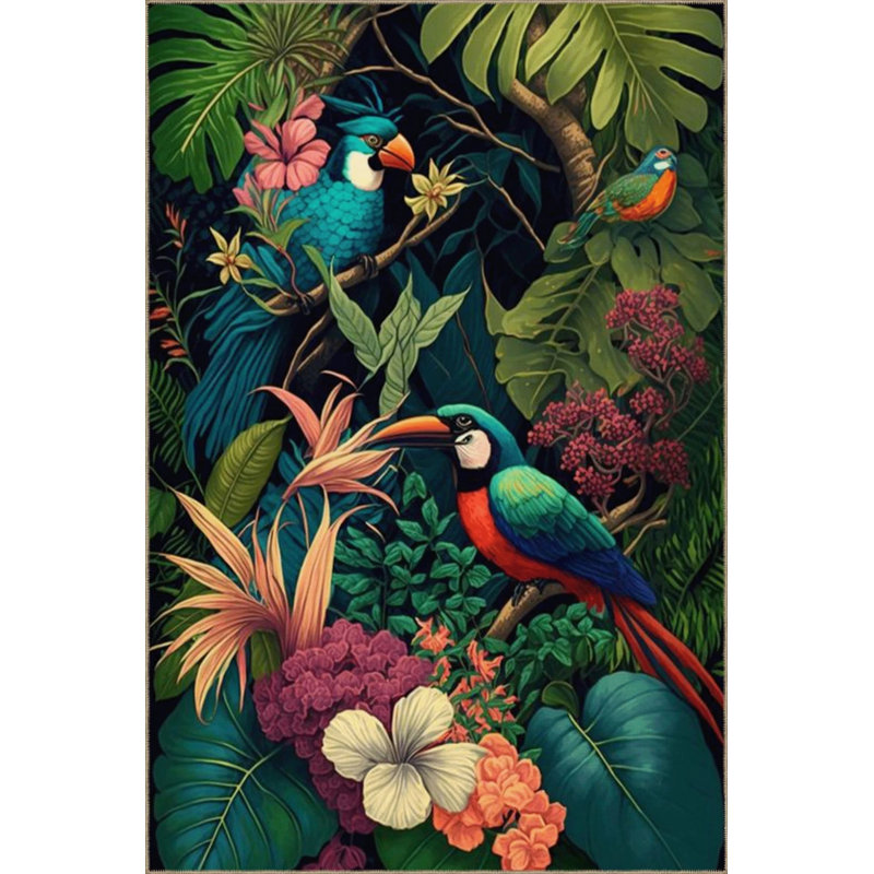 Tapis décoratif créatif moderne sur le thème de la forêt, motif arbre et perroquet, Rond 3 pi 4 po