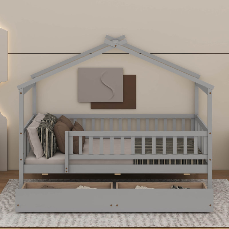 Lit simple en bois avec tiroirs, Gris