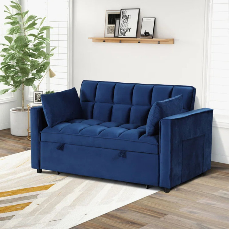 55.2'' Wide Modern Convertible Sofa Bed With Reclining Backrest And Pillows (Set of 2), Blue