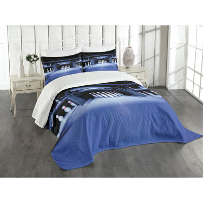 Ambesonne Bowling Party Bedspread Set Symmetrical Pins Blue White Red -  bed_38147_king