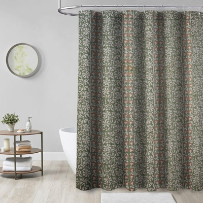 Rideau de douche en lin neutre | Motif indien Fab Fabine | Décoration de salle de bain de style spa, bordure Rudrakash, vert