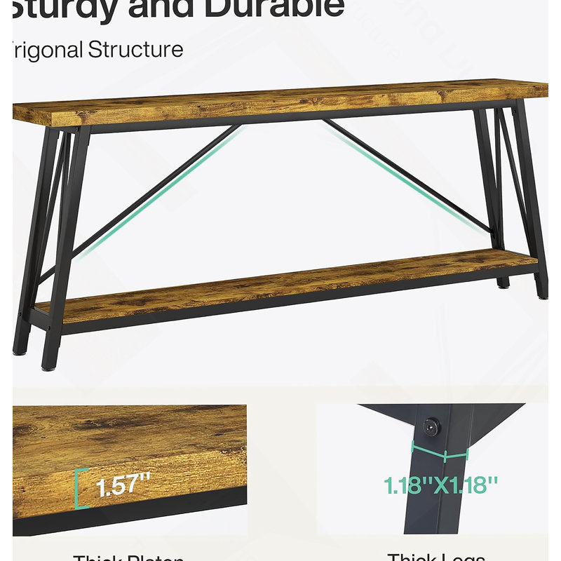Table de canapé industrielle extra longue 70,9 pouces avec tablettes à 2 niveaux, brun rustique pour le couloir et le salon