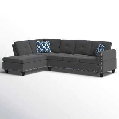 98" Wide Dark Gray Linen 2 - Piece Left Hand Facing L Shaped & Chaise, Round Arms, Back Pillows, Nailhead Trim, Spring Supported Foam Tied Cushions, Removable Backs, Seats Five, Two Accent Pillows