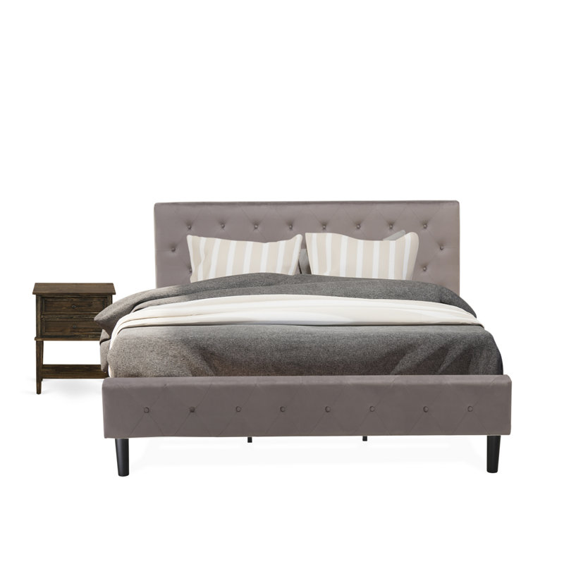 2 Piece Bedroom Set - Button Tufted Modern Bed - Brown Taupe Velvet Fabric Upholstered Headboard and a Distressed Jacobean Finish Nightstand