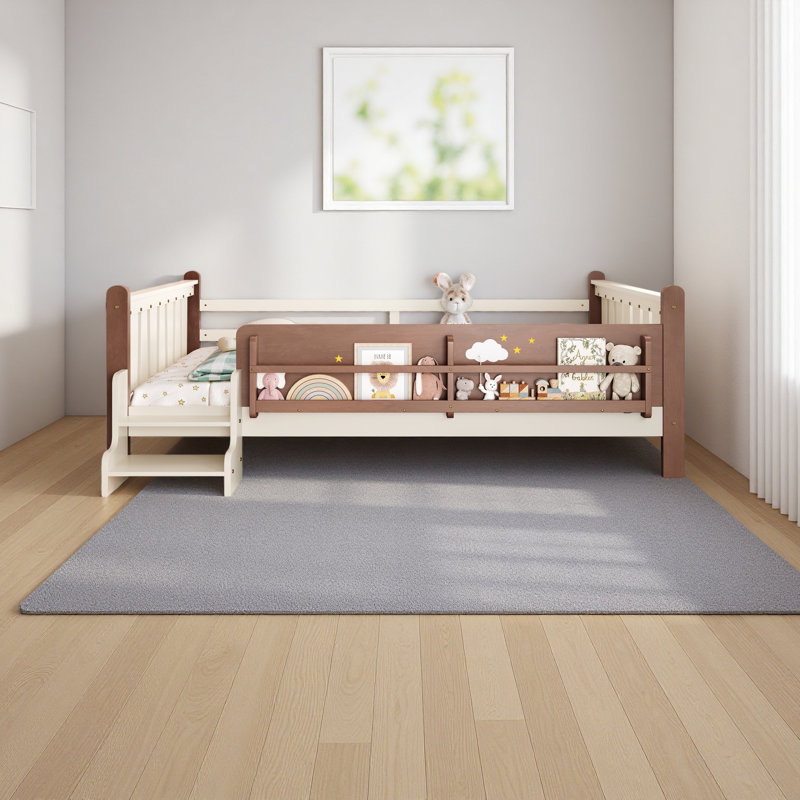 Grand lit au sol avec bibliothèques de rangement, Beige