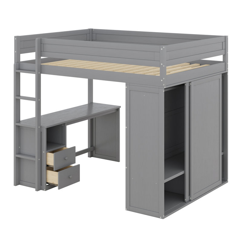 Lit mezzanine avec placards et bureau à 2 tiroirs avec armoire, Gris
