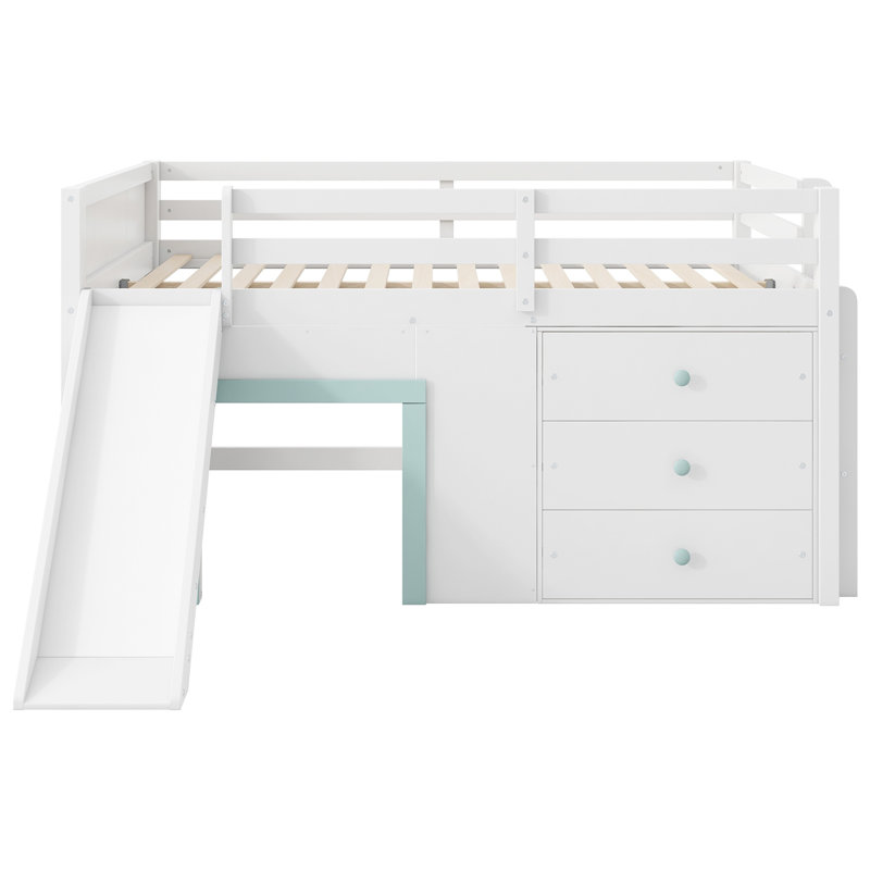 Full Size Low Loft Bed with Slide,Three Storage Drawers and Two Doors, White/Green