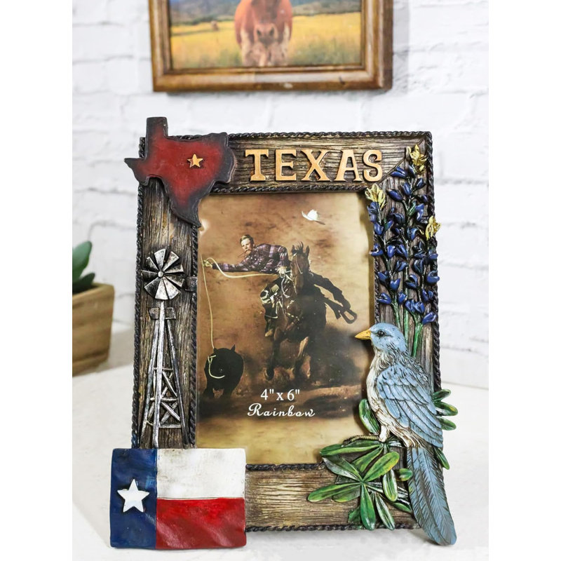 Rustic Western Patriotic Texas Mockingbird Windmill Bluebonnets Picture Frame