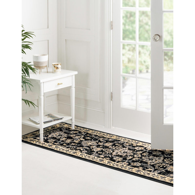 Tapis noir à motif floral Hanan, Black, Tapis de couloir 2 pi 7 po x 12 pi