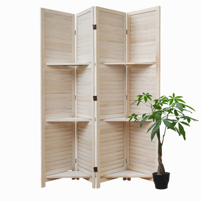 Room Divider With Shelves, 5.6ft Folding Wood Screen With Double Hinges