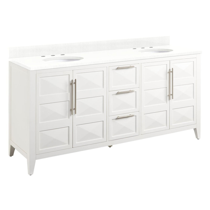 72" Holmesdale Vanity with Undermount Sinks, Feathered White Quartz, Bright White, Satin Nickel