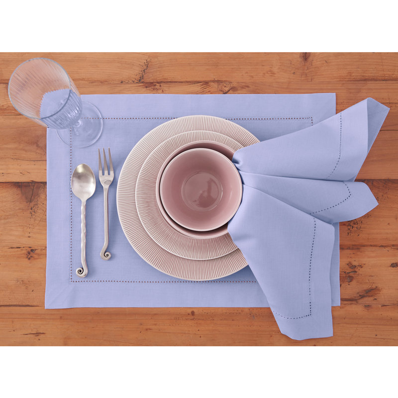 Cotton Linen Hemstitch Dinner Napkins, Light Blue