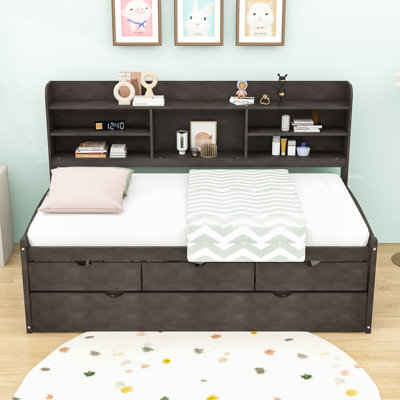 Lit plateforme simple en bois avec tablettes et lit gigogne Binnings