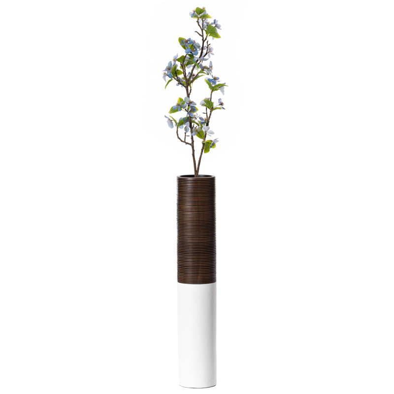 Modern Tall Decorative White and Brown Ribbed Cylinder Floor Vase, 25" H x 4.75" W x 4.75" D
