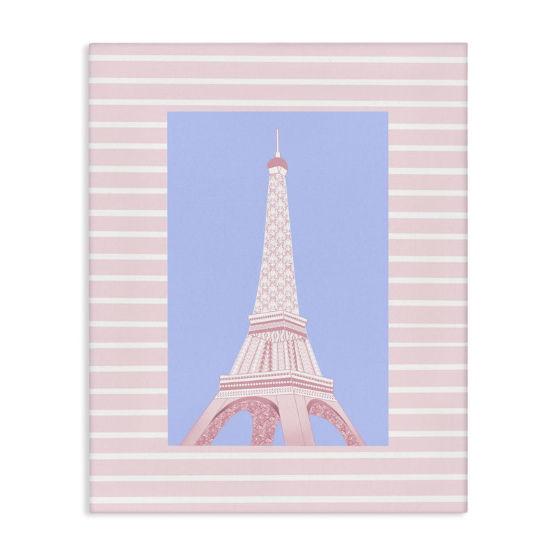 Tour Eiffel sur toile à rayures roses, design par Pooja Dave, H 20 po x l 16 po