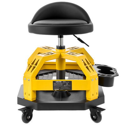 Rolling Shop Stool with Wheels, 19.7"-25.6" Adjustable Height, 360° Swivel, 330 lbs Capacity, Garage Work Mechanic Stool with Backrest, Tool Tray Storage, Padded Seat Shop Chair, Black/Yellow