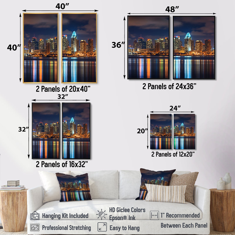 «Montreal Skyline At Night» - art mural traditionnel 2 panneaux, 36" H x 48" W, Impression encadrée flottante, White
