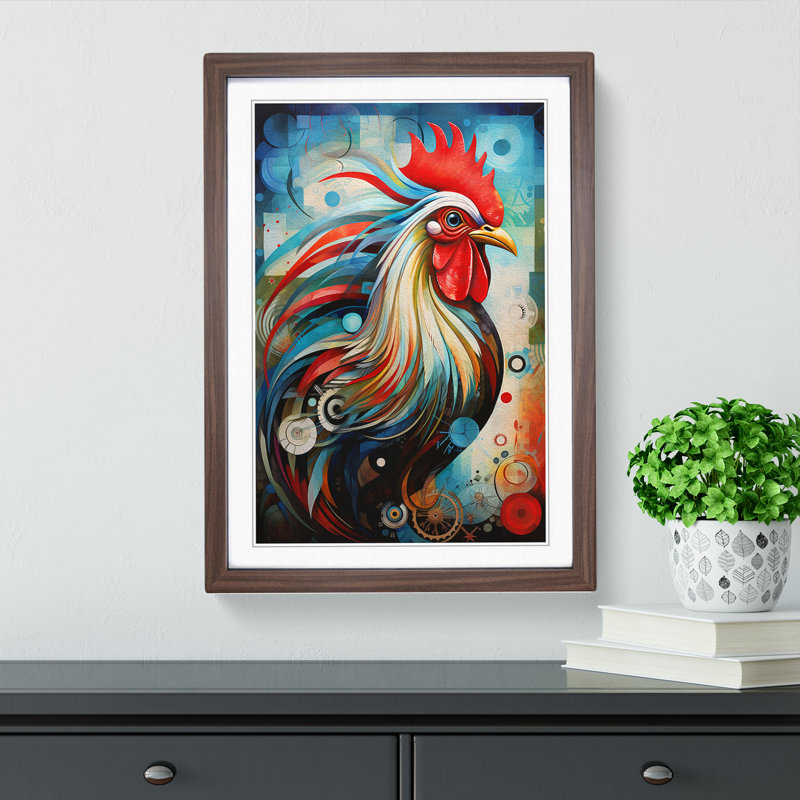 Rooster Orphism No.2 - Single Picture Frame Print on Wood, Walnut, 64cm H x 46cm W x 2cm D
