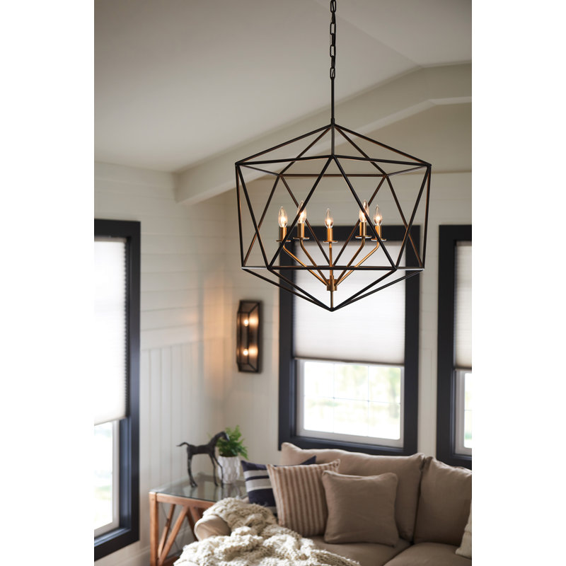 Lustre géométrique à 5 lumières de style bougie Astrid, Bronze mat métallique