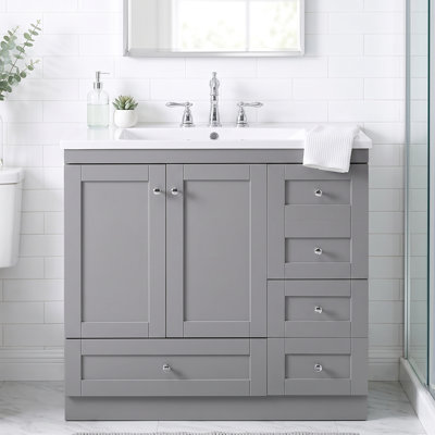 Meuble-lavabo de salle de bain autoportant en résine brillante blanche 36 po avec armoire en panneau de fibres à densité moyenne gris, 2 portes, 4 tiroirs, poignées argentées, sans robinet, trois trous, ensemble central de 4 po, gris