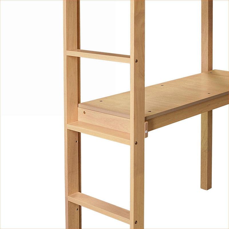 Minimalist Contemporary Twin High Loft Bed with Built-In Work Desk, Full Safety Guardrail and Integrated Ladder, Solid Rubber Wood Construction, White-Toned