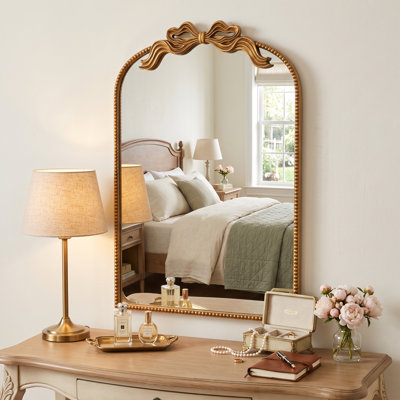 36" x 24" Antique Gold Arched Wall Mirror with Hand-Sculpted Ribbon Bow Crest