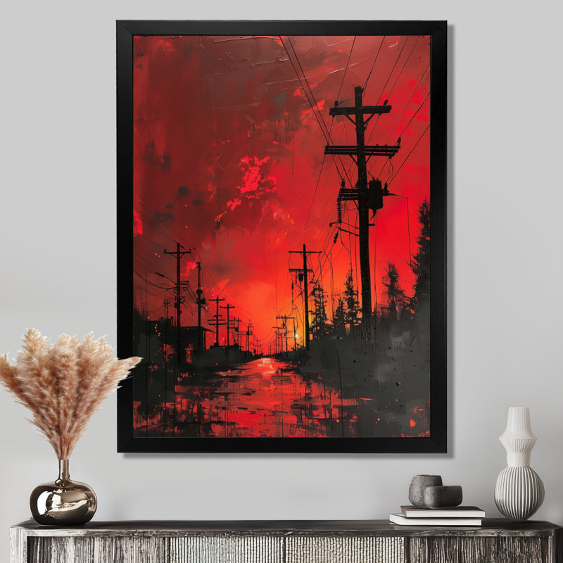 Red Black Power Lines To The Darkness I - Power Lines Wall Art, 12" H x 20" W, Black Single Picture Framed