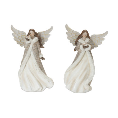 Figurine ange d'hiver avec décor d'oiseau (ensemble de 2)
